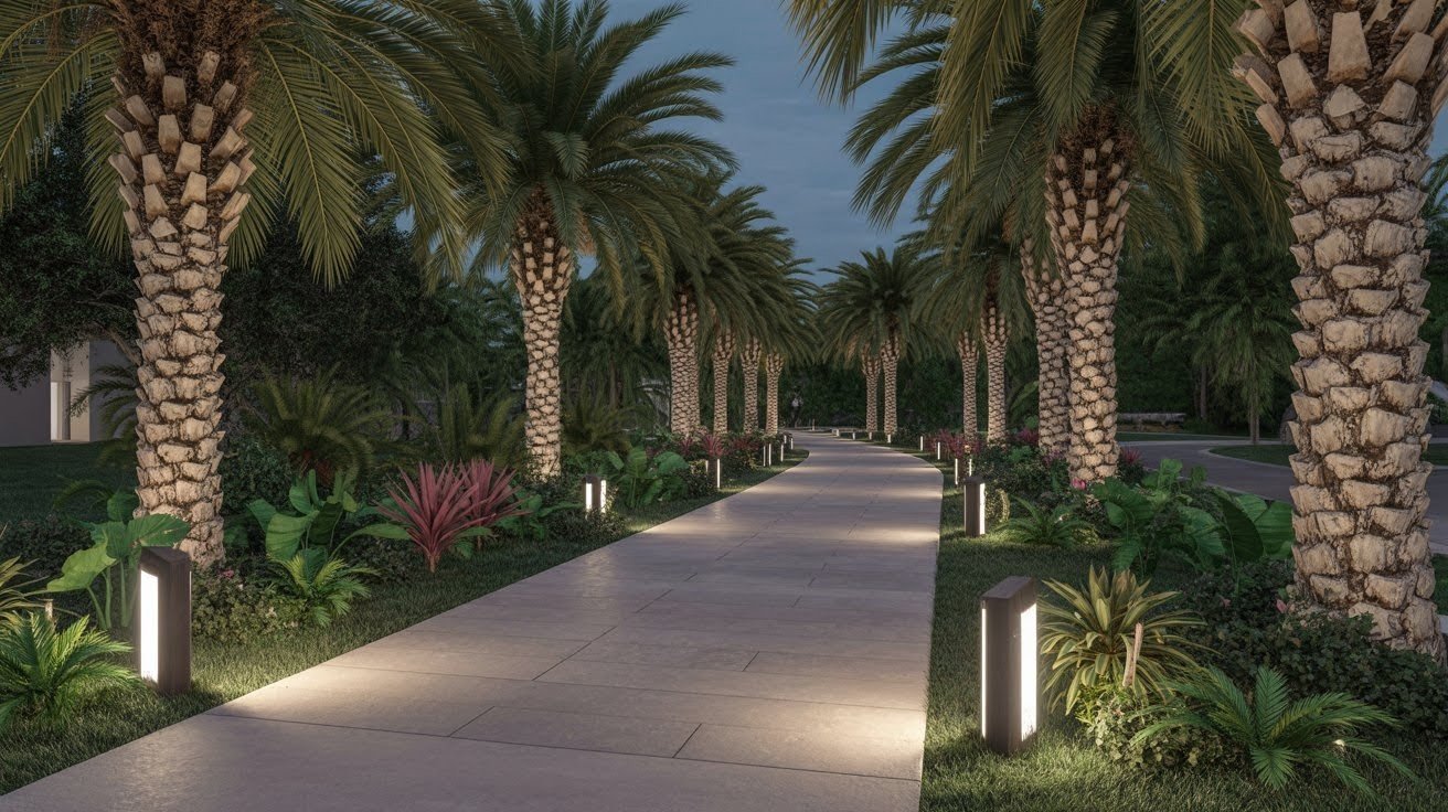Path Lighting Around Palm Groupings